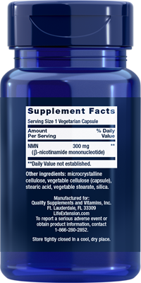 Supplement Facts label for Life Extension NMN, 300 mg beta-nicotinamide mononucleotide per capsule