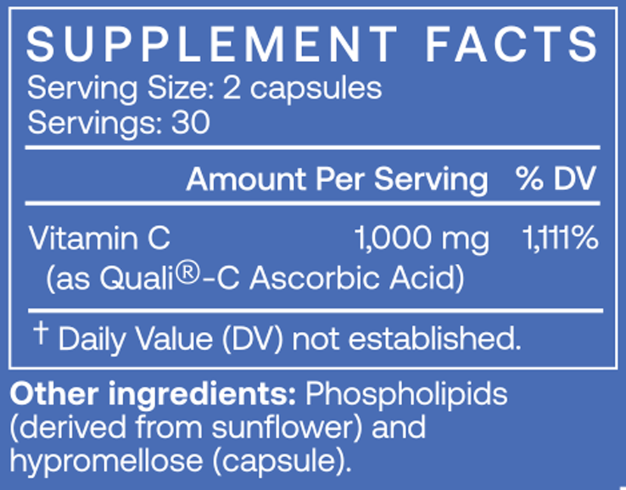 BodyBio Liposomal Vitamin C Supplement Facts showing 1,000 mg vitamin C per two-capsule serving