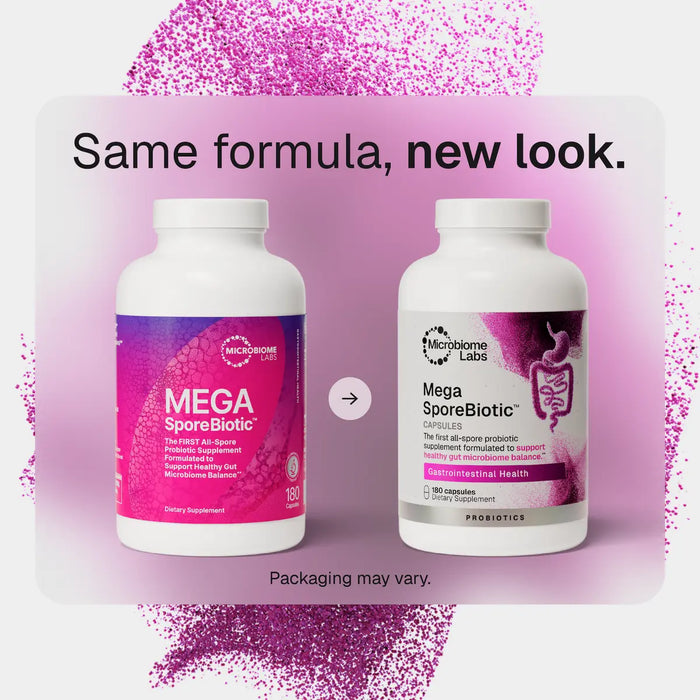 MegaSporeBiotic 180-capsule bottle showing updated packaging