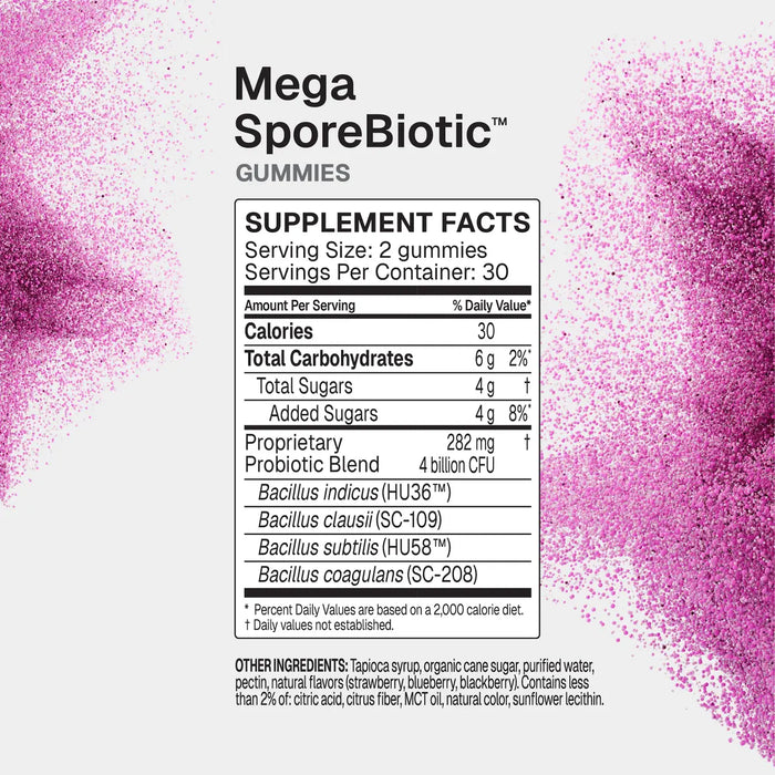 MegaSporeBiotic Gummies Supplement Facts, 4 billion CFU per two-gummy serving