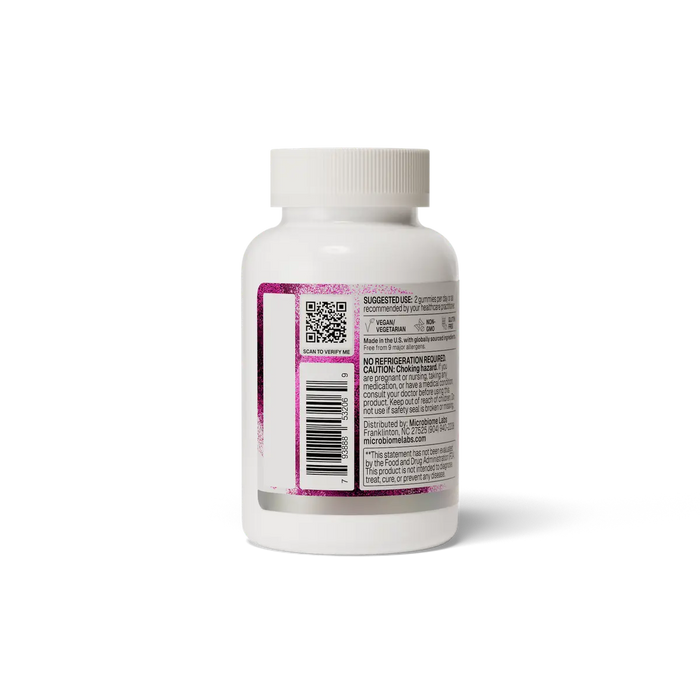 MegaSporeBiotic Gummies bottle label showing suggested use, cautions, barcode and QR code