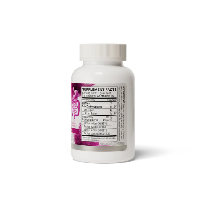 Side view of MegaSporeBiotic Gummies bottle showing Supplement Facts and ingredients