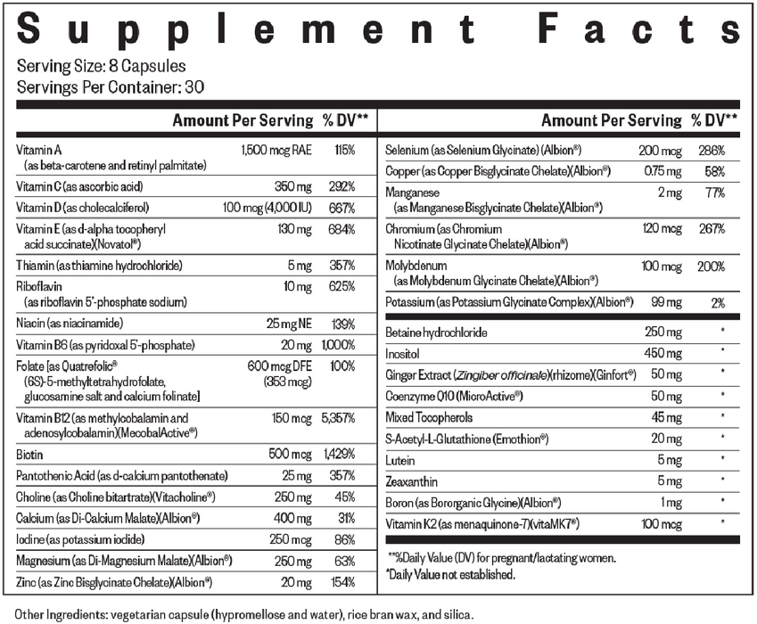 Seeking Health Optimal Prenatal Supplement Facts label, serving size 8 capsules