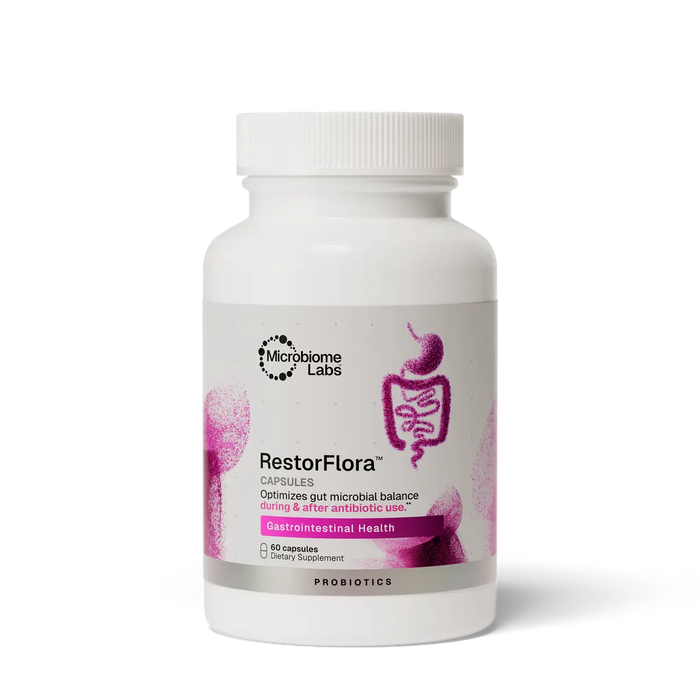 RestorFlora probiotic, 60-capsule bottle by Microbiome Labs