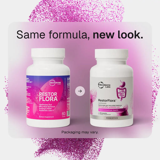 RestorFlora 60-capsule bottle with updated packaging
