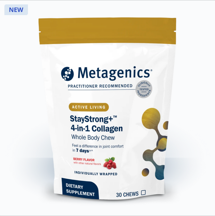 Metagenics StayStrong+ 4-in-1 Collagen Whole Body Chew, berry-flavored collagen supplement, 30 individually wrapped chews