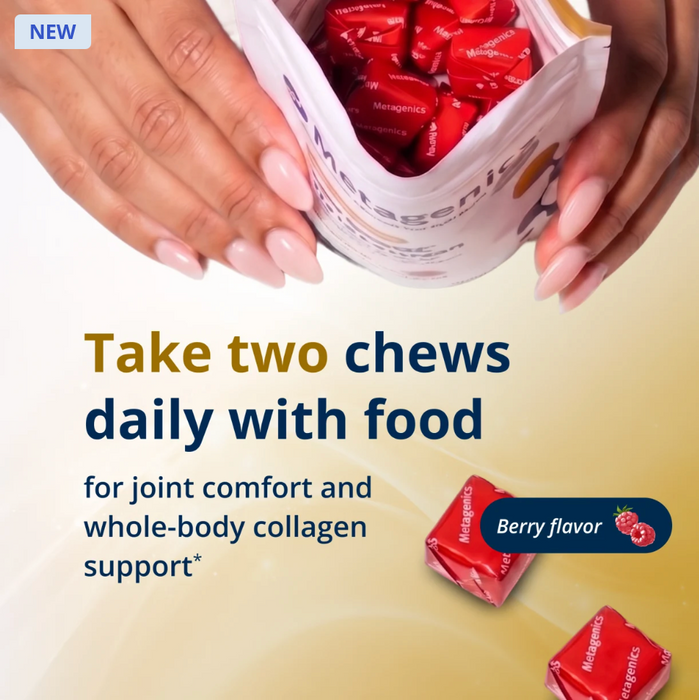 Metagenics StayStrong+ 4-in-1 Collagen Whole Body Chew, berry-flavored collagen supplement, directions.