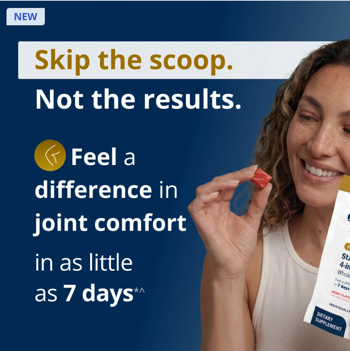 Metagenics StayStrong+ 4-in-1 Collagen Whole Body Chew, berry-flavored collagen supplement, feel a difference in as little as 7 days