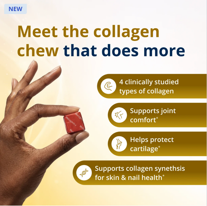 Metagenics StayStrong+ 4-in-1 Collagen Whole Body Chew, berry-flavored collagen supplement, benefits listed