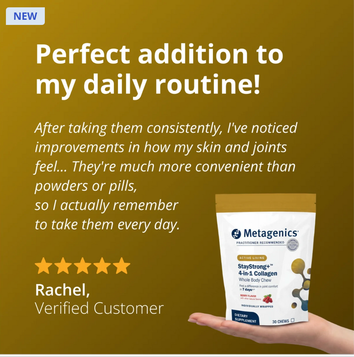 Metagenics StayStrong+ 4-in-1 Collagen Whole Body Chew, berry-flavored collagen supplement, 5 star review.