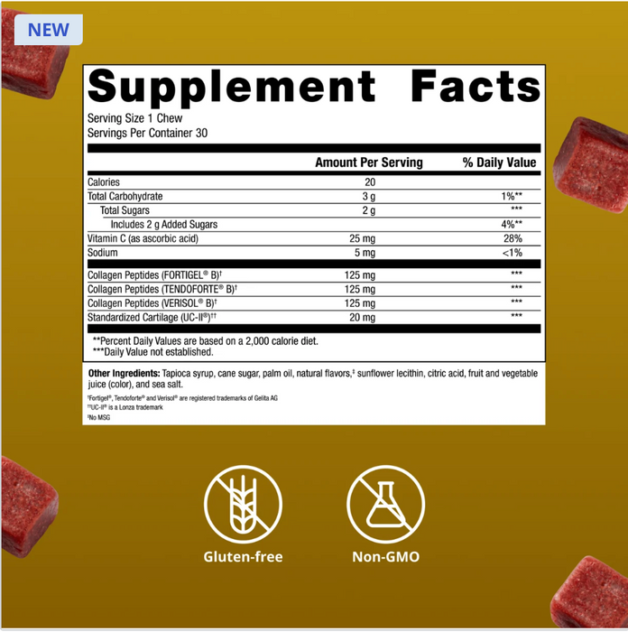 Metagenics StayStrong+ 4-in-1 Collagen Whole Body Chew, berry-flavored collagen supplement, supplement facts