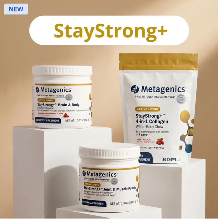 Three Metagenics collagen supplement products displayed, StayStrong+ Brain & Body powder, StayStrong+ 4-in-1 Collagen chew, and StayStrong+ Joint & Muscle powder. 