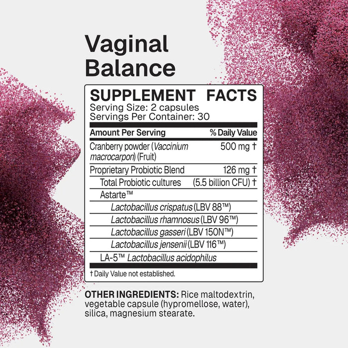 Vaginal Balance Supplement Facts with cranberry powder and probiotic blend, serving size 2 capsules