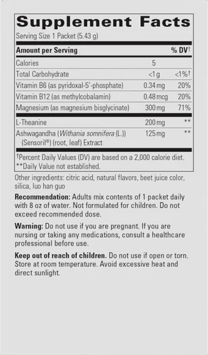 Cortisol Manager Calm packet Supplement Facts with ingredients, mixing directions and warnings