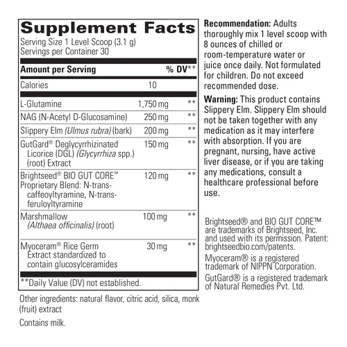 Barrier Complex Supplement Facts with ingredient amounts, directions, warnings and milk allergen statement