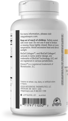 Collagen Advantage bottle side label with storage instructions, warnings and barcode