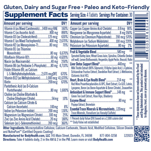 Supplement Facts label for BodyHealth Multi Complete.