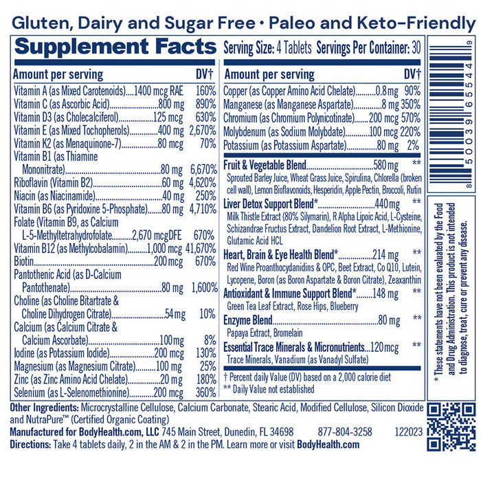 Supplement Facts label for BodyHealth Multi Complete.