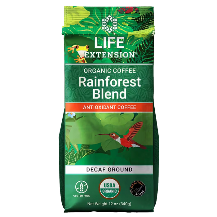 Decaf-Ground Antioxidant Coffee 100% Organic Rainforest Blend - 12 oz.